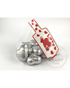 Milk Chocolate Foil Hearts 77g Mesh Bag Silver 